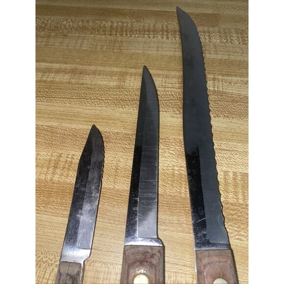 Vintage Set of 3 Flint Stainless Vanadium Knives Wood Handles USA - Picture 7 of 7